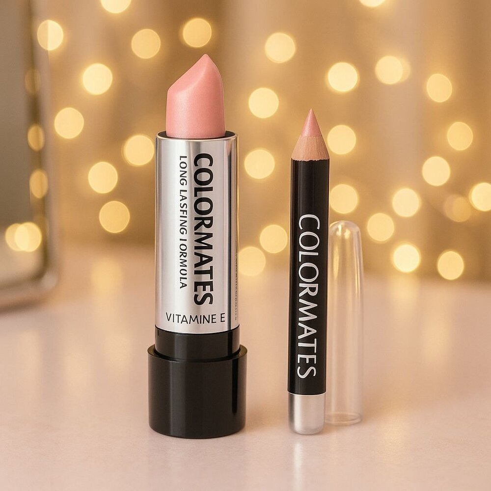 Colormates Lipstick Lipliner Pencil Set Pink Shimmer Paraben Free Vitamin E Aloe